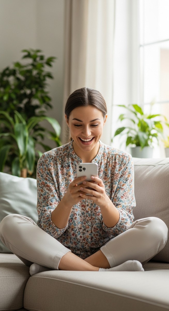 woman smiling at her phone in a bright living room
