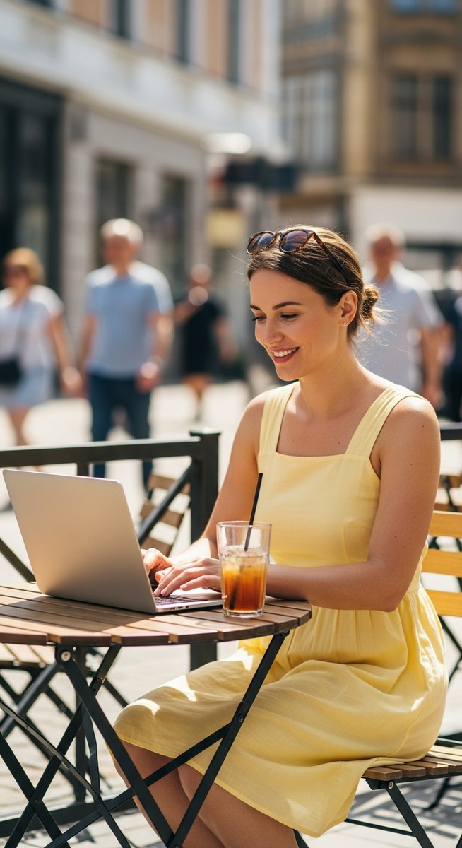 a woman working on her laptop for saving money