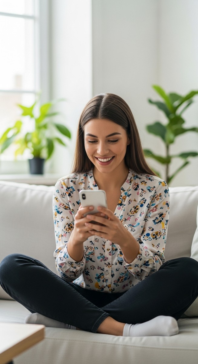 woman smiling at her phone in a bright living room