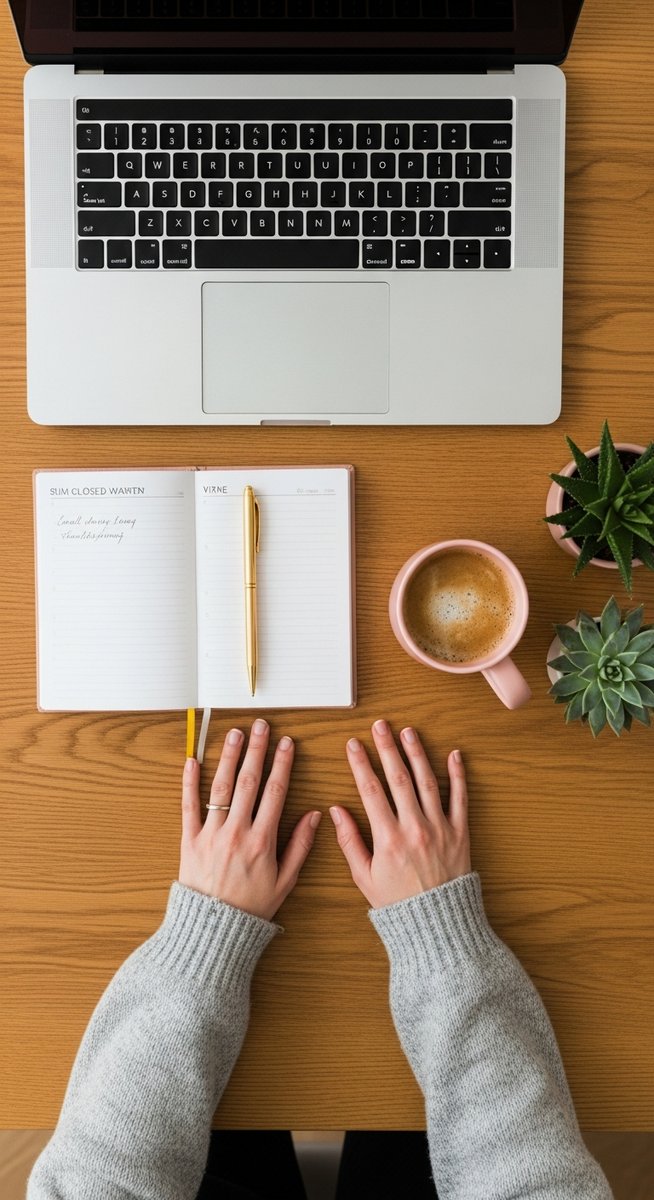 a flatlay of a planner, laptop, and succulent on a wooden surface for saving money