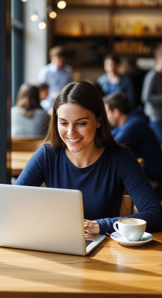 a woman working happily on her laptop for saving money
