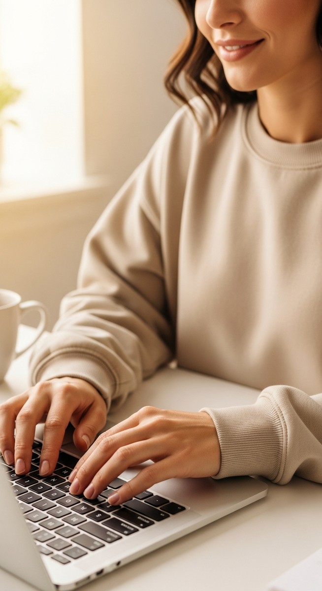 woman typing on a laptop at a bright clean desk