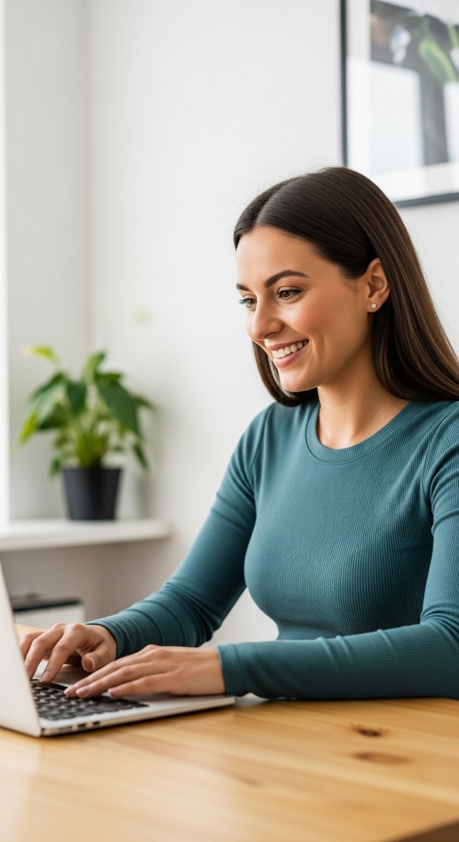 woman looking satisfied at her laptop screen at home