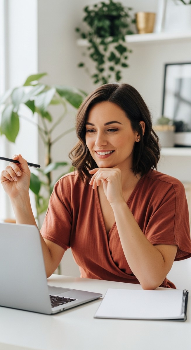 woman smiling and thinking at her home office desk