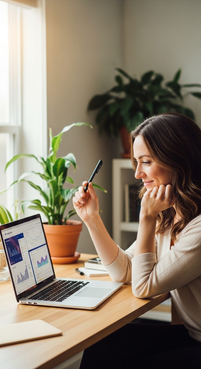woman smiling and thinking at her home office desk