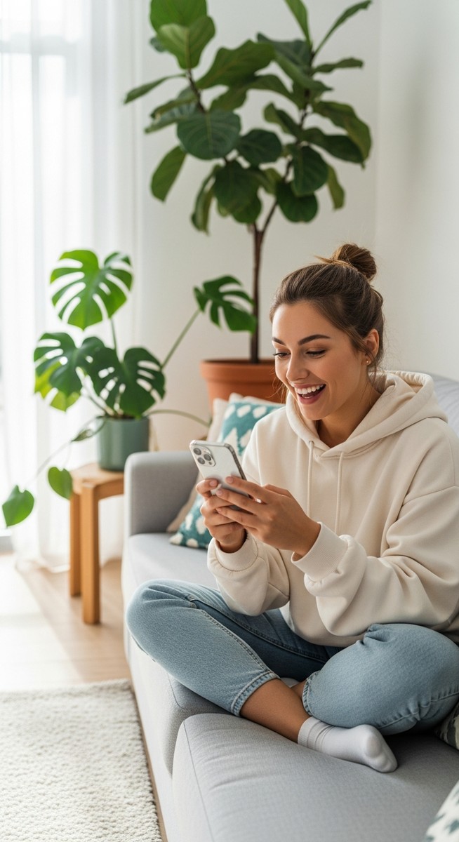 woman smiling at her phone in a bright living room