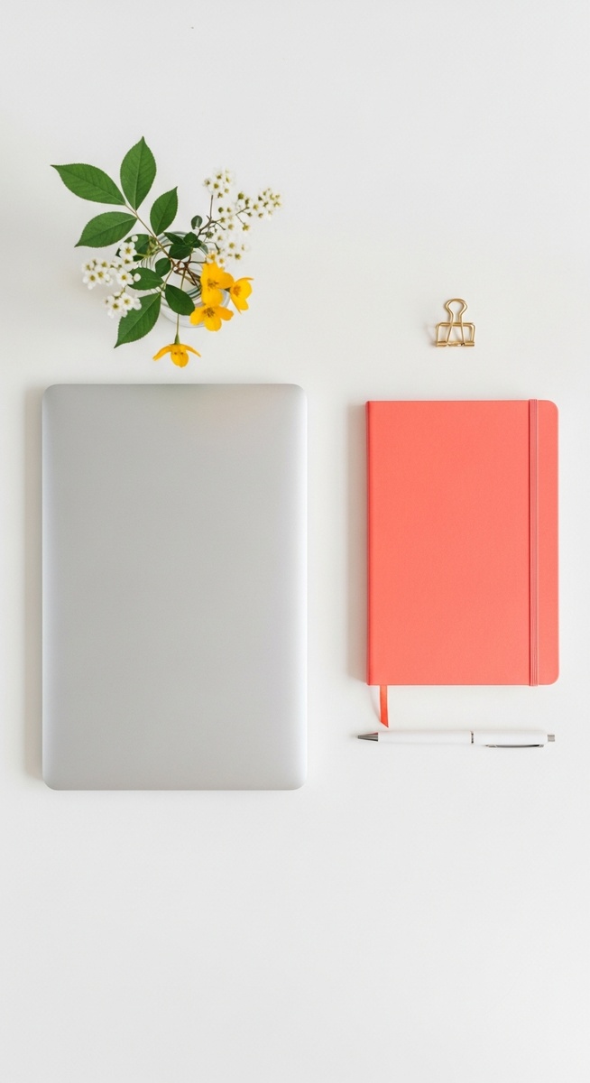 flatlay with laptop and other items on a white surface