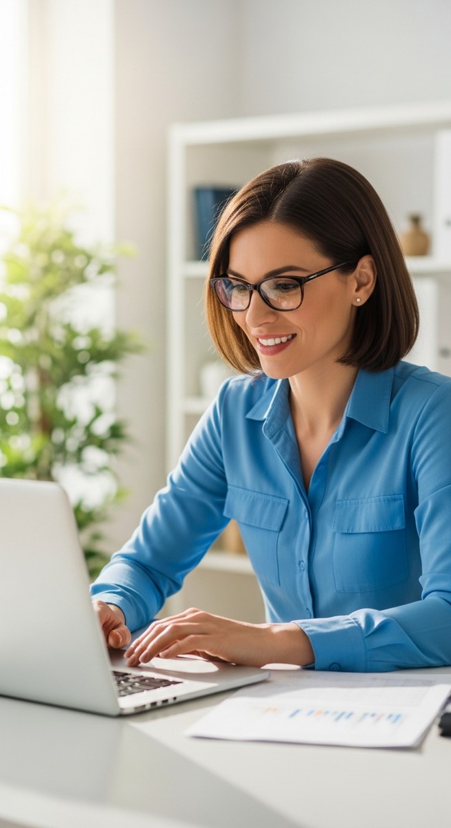 woman working confidently on her laptop at a bright home desk