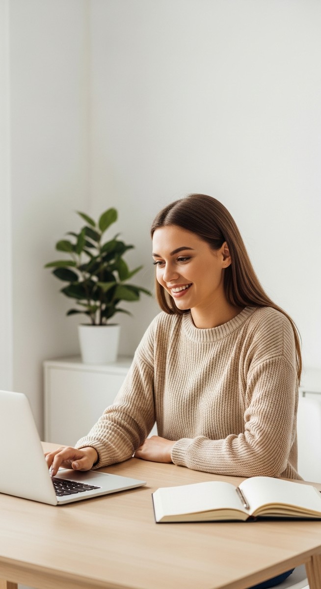 woman looking satisfied at her laptop screen at home