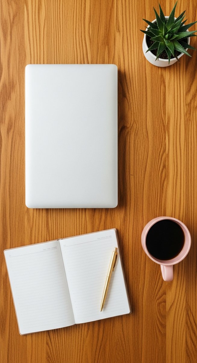 flatlay of a planner, laptop, and succulent on a wooden surface