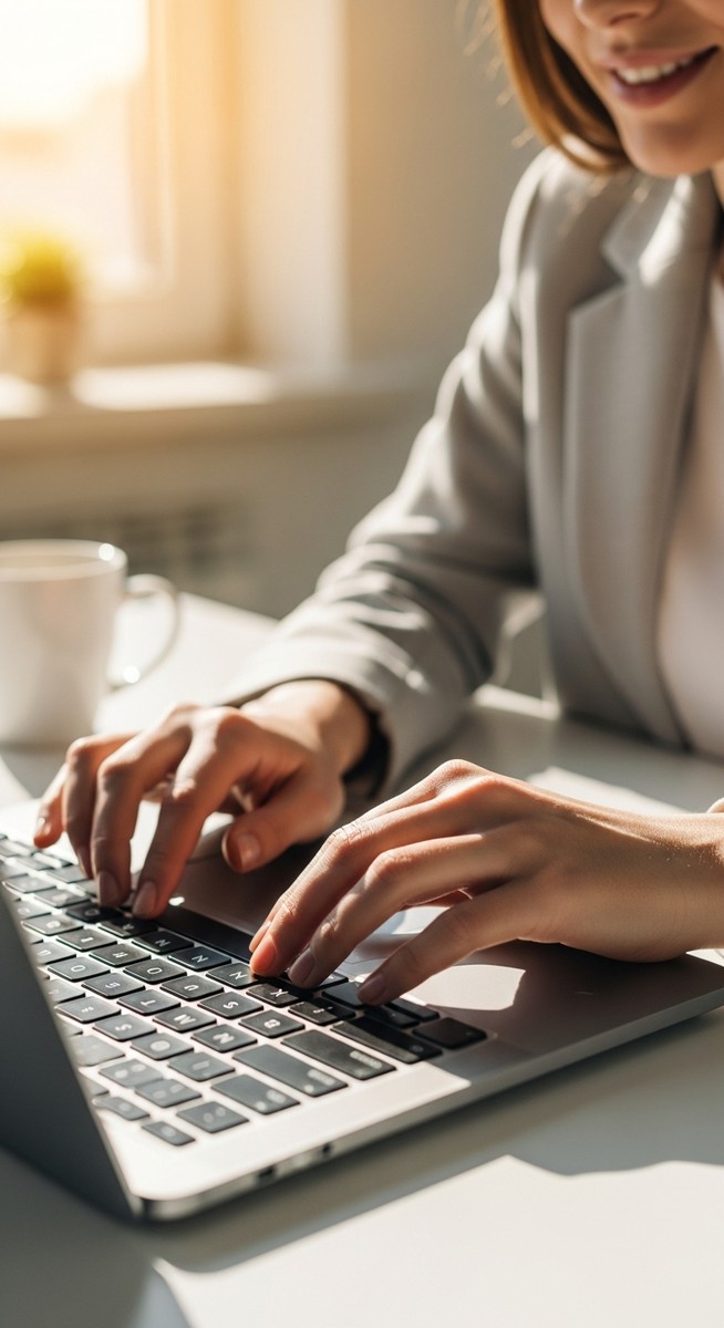 woman typing on a laptop at a bright clean desk