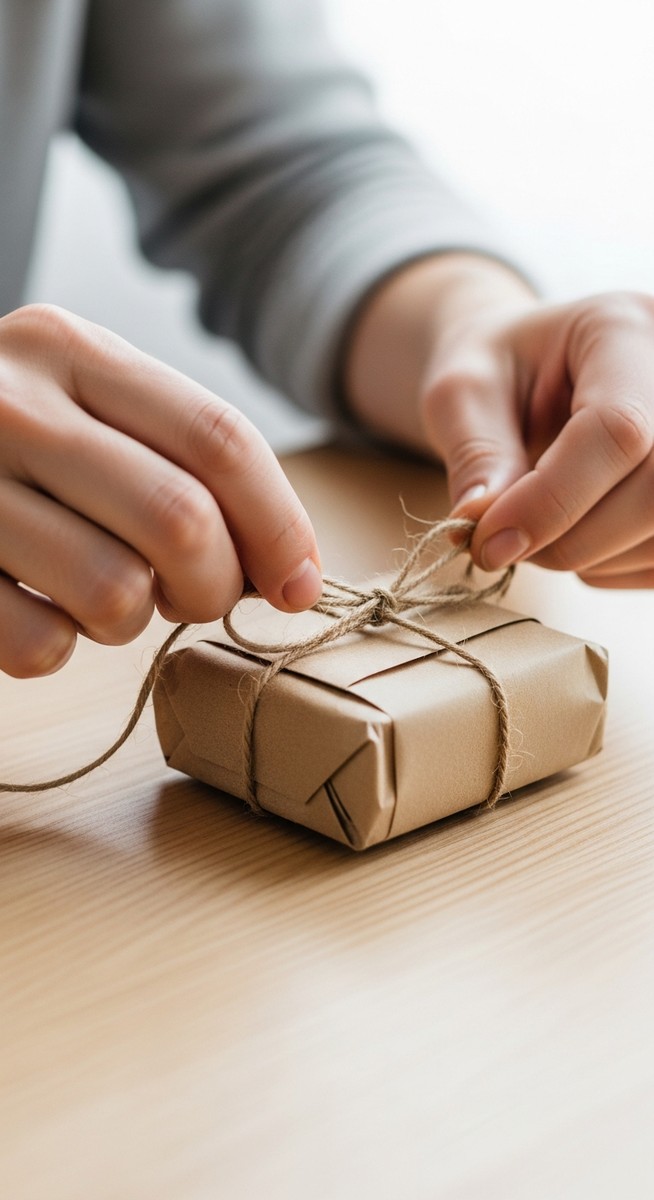 hands tying twine around a kraft paper-wrapped handmade product on a wooden surface