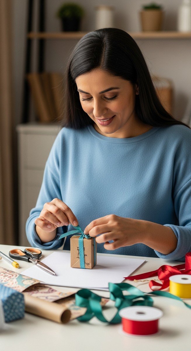 a woman tying a ribbon around a packaged handmade product at a home desk to work from home