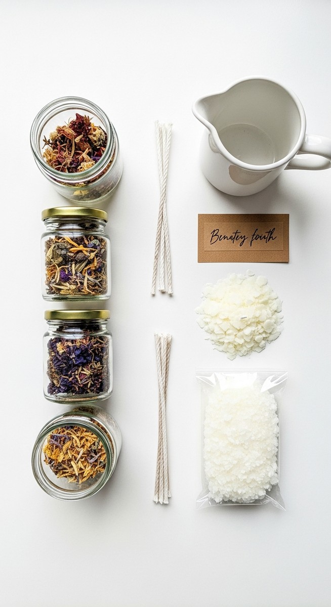 a flatlay of candle-making supplies including wax, wicks, botanicals and a handwritten label on a white surface to work from home