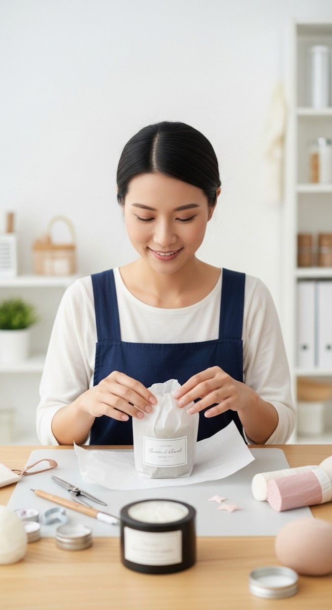 woman packaging a handmade candle at a bright home craft workspace