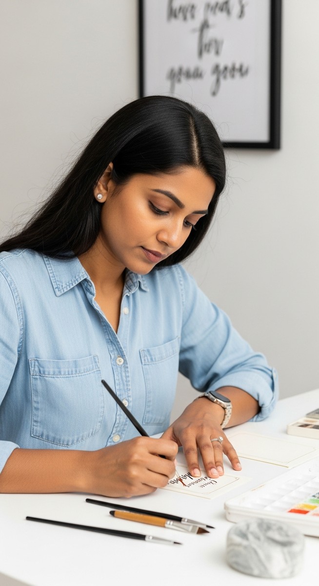 a woman hand-lettering a card with a fine brush at a craft table to work from home