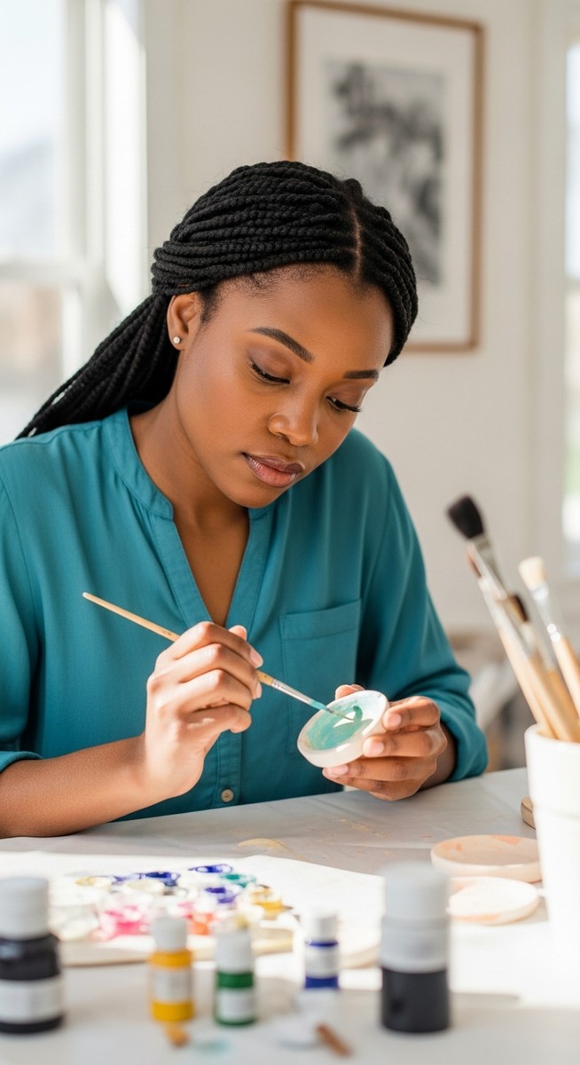 woman painting a small ceramic piece at a home craft table