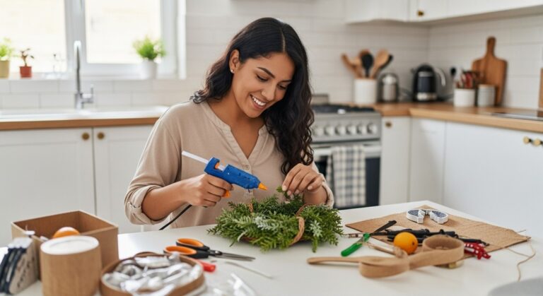 a woman assembling a handmade wreath at a kitchen table with craft supplies to work from home