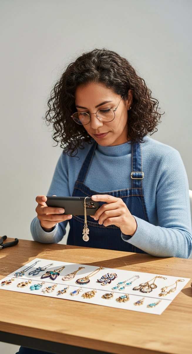 a woman photographing handmade jewellery on a wooden craft table to work from home