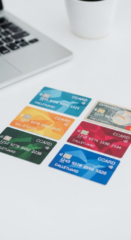 several bank cards that don't work spread out on a white desk