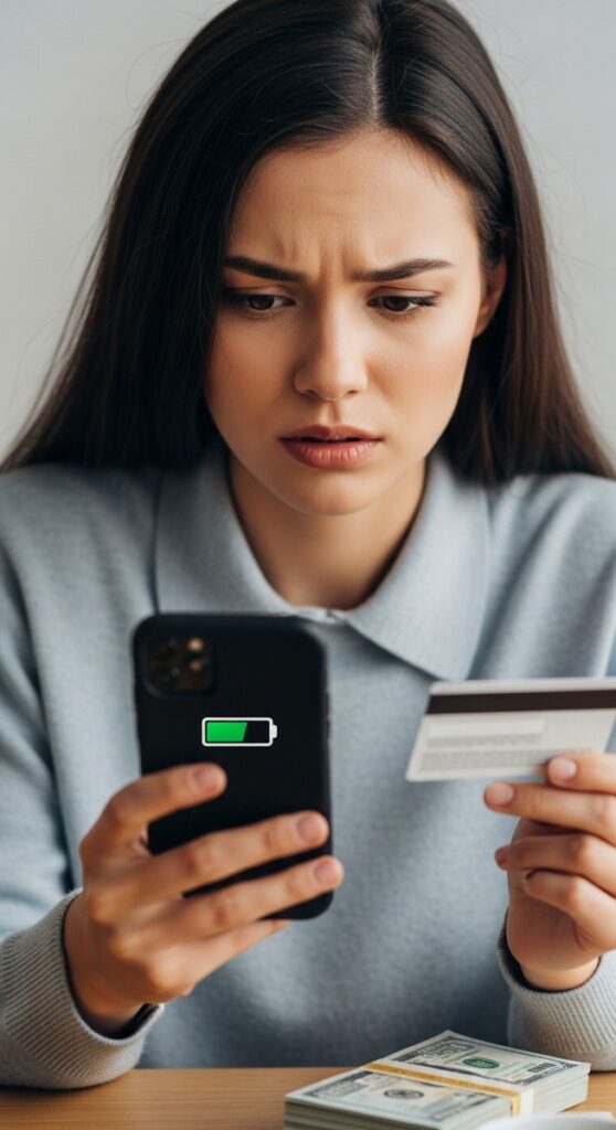 person checking their phone with a bank card that isn't working