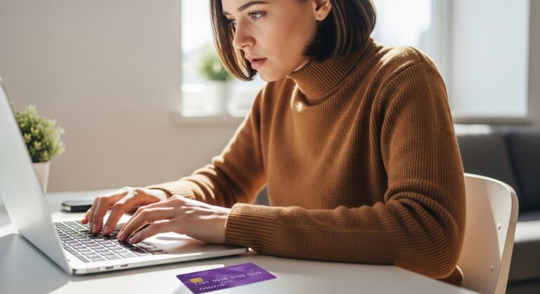 person entering in a laptop the details of a debit card that won't work