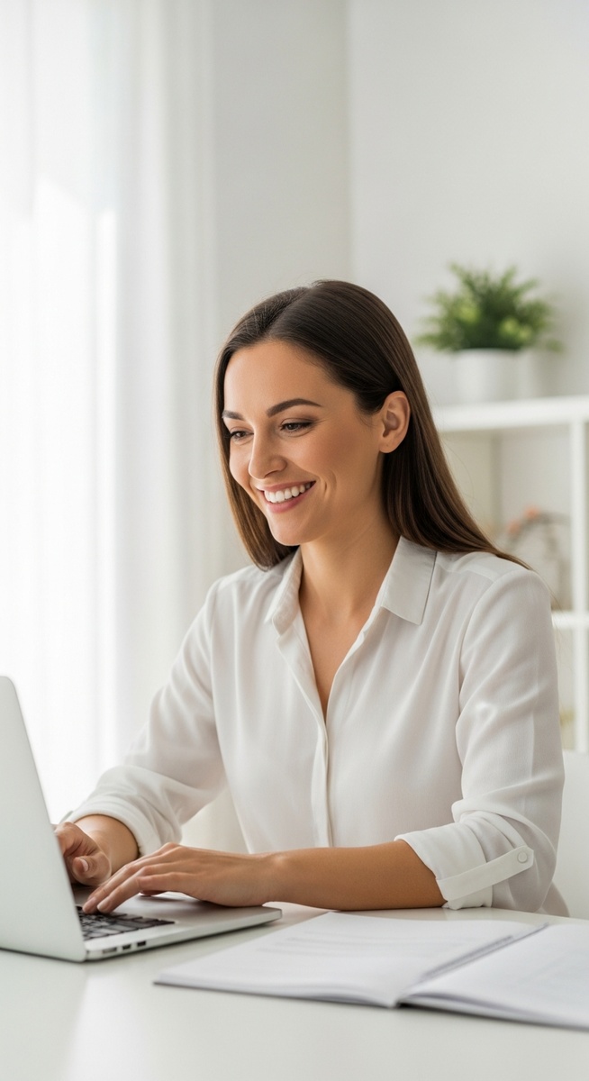 a woman working confidently on her laptop at a bright home desk for selling on Etsy