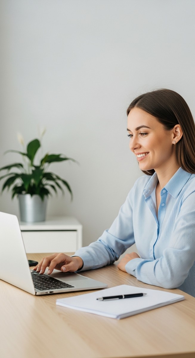 a woman looking satisfied at her laptop screen at home for selling on Etsy
