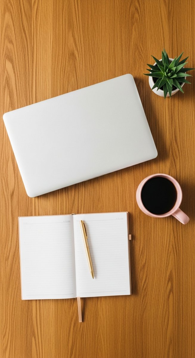 a flatlay of a planner, laptop, and succulent on a wooden surface for selling on Etsy