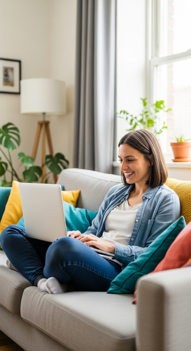 woman smiling while working on her laptop at home