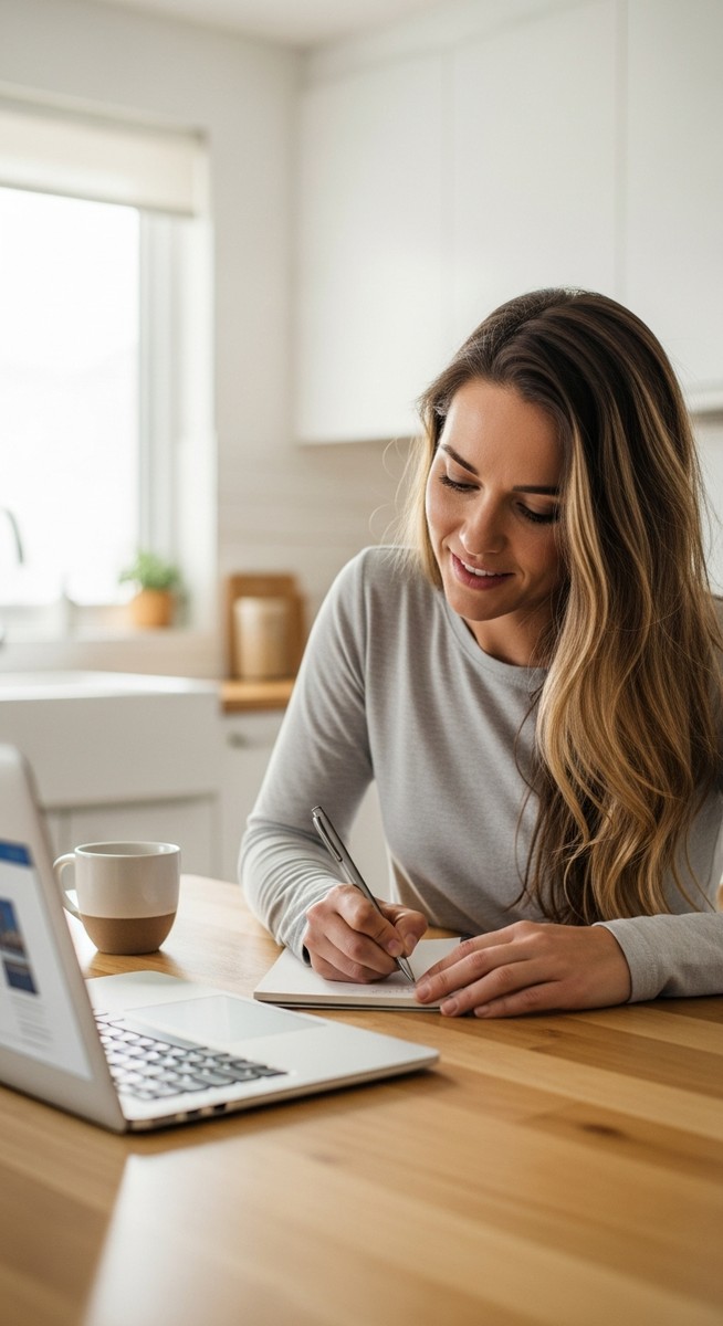 young woman taking notes next to her laptop at a kitchen table