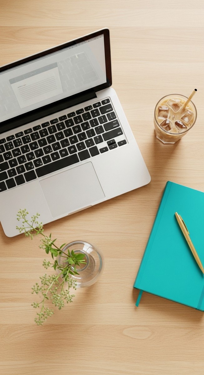 flatlay of a laptop and teal notebook on a wooden desk