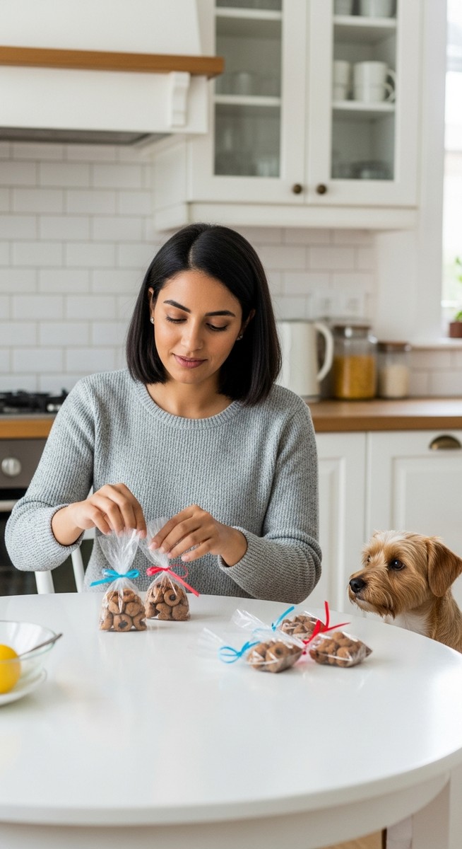 woman packaging homemade dog treats into bags at a kitchen table with a small dog nearby