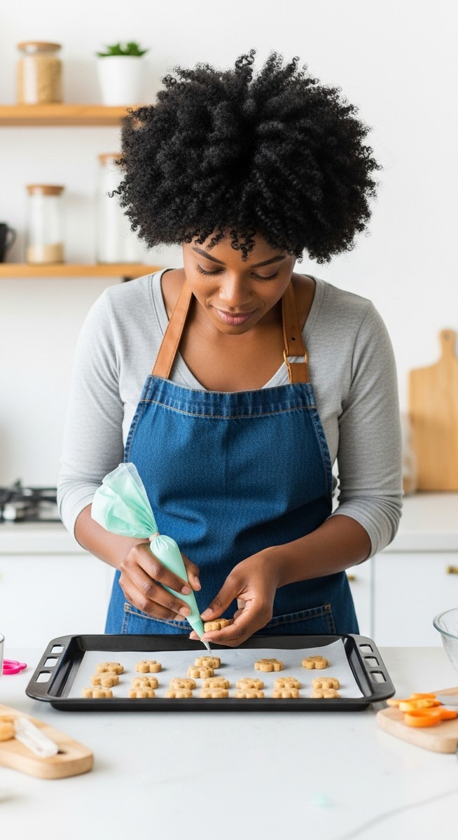 woman decorating homemade dog treats on a baking tray at a kitchen counter