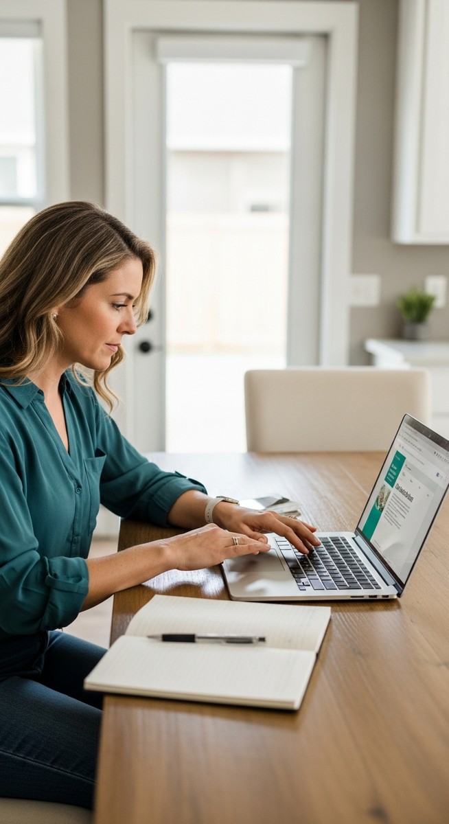 woman reviewing an online course on a laptop at a kitchen table with a notebook