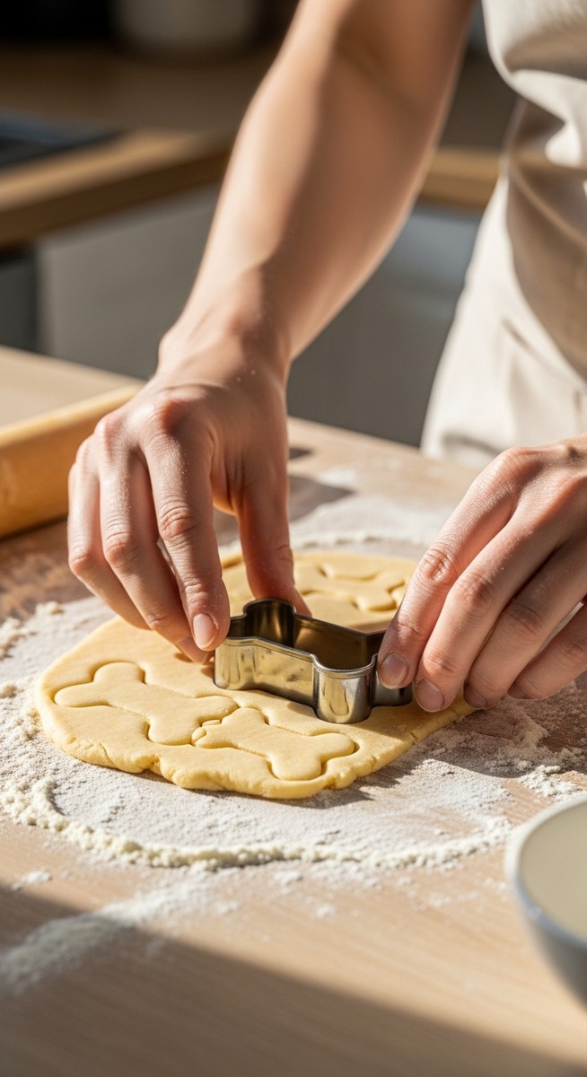 hands using a bone-shaped cookie cutter to cut dough on a kitchen counter