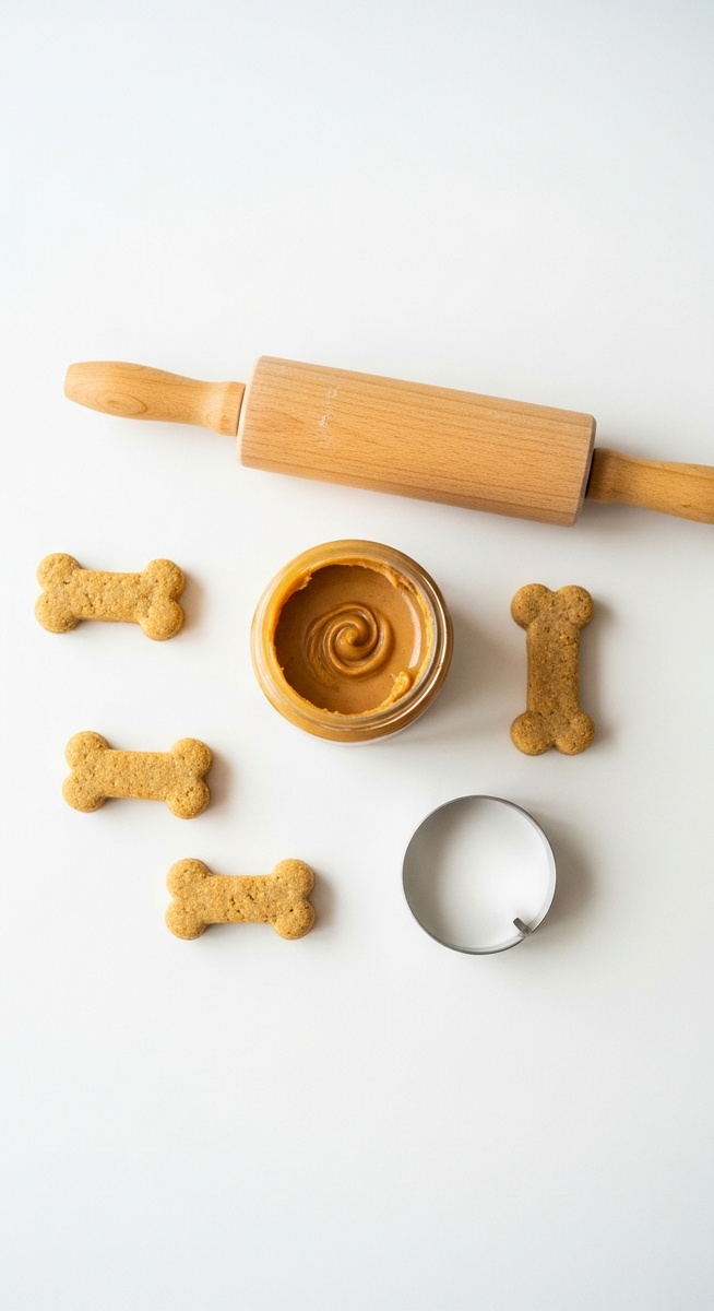 flatlay of homemade dog treats, a rolling pin, cookie cutter and peanut butter on a white surface