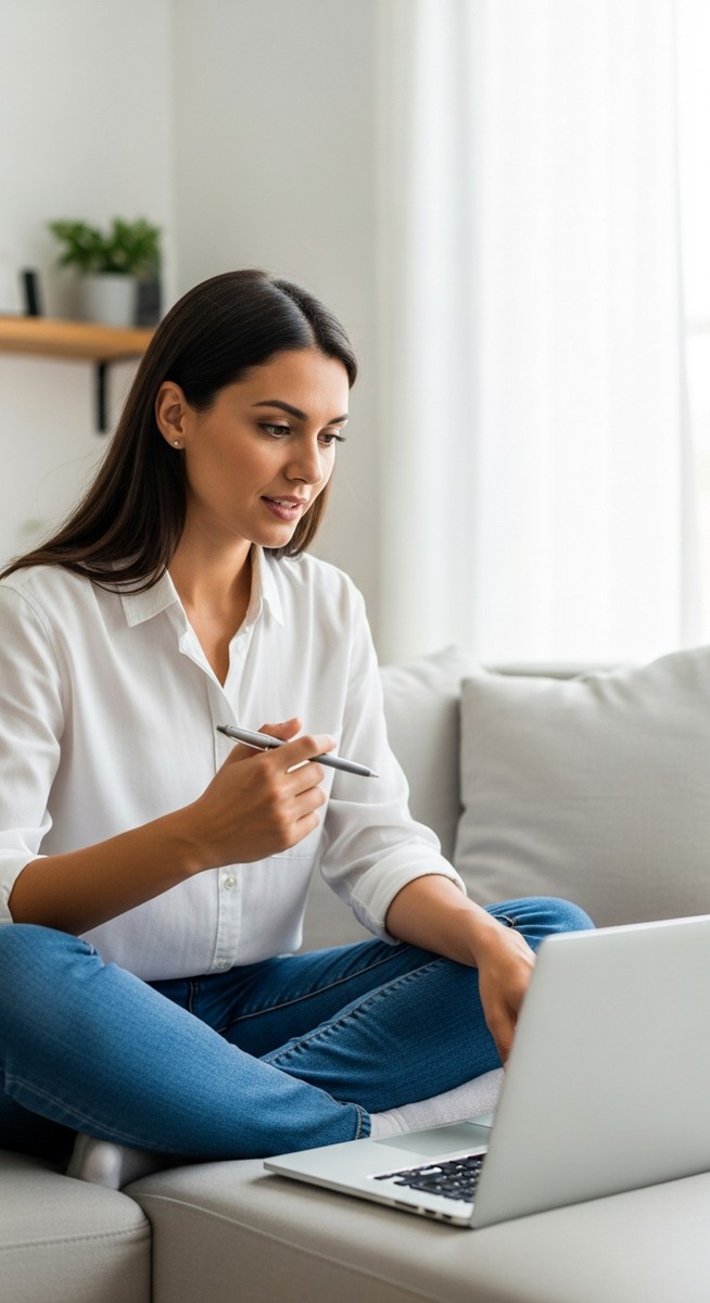 woman watching a video tutorial on a laptop while sitting on a sofa