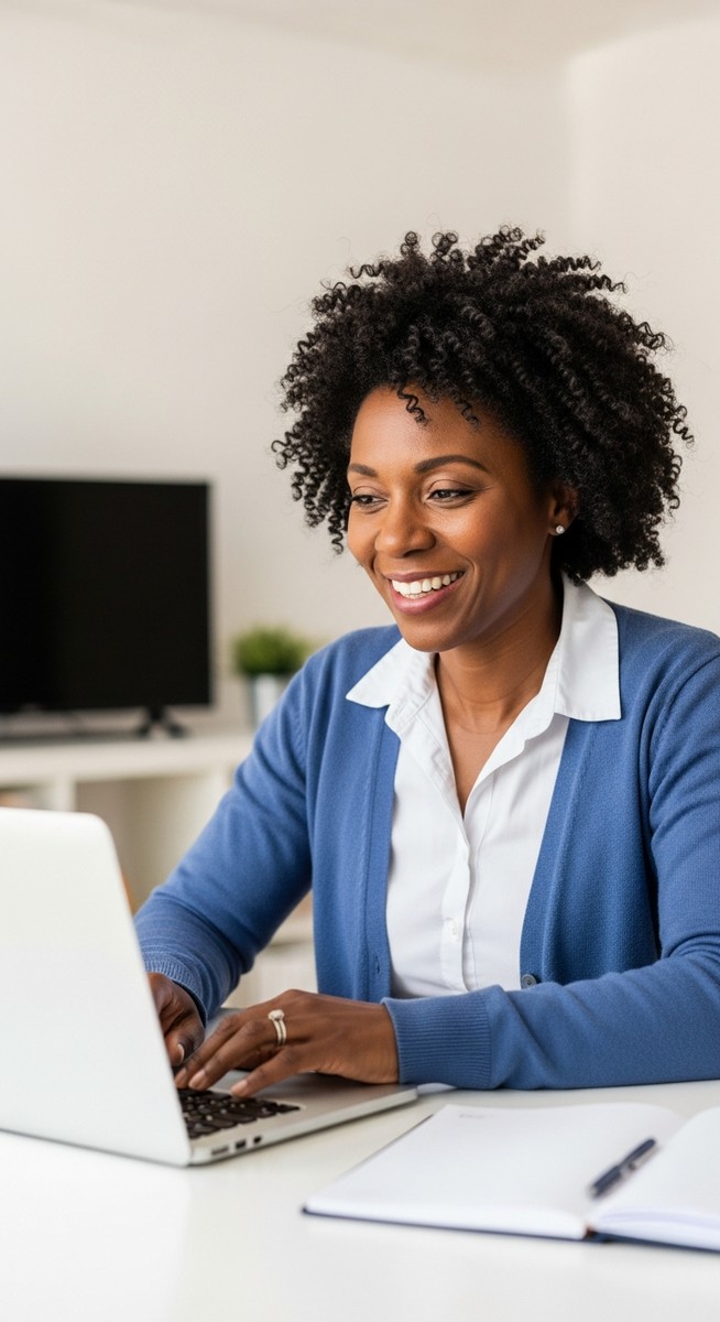 woman smiling at an online course on her laptop at a home desk