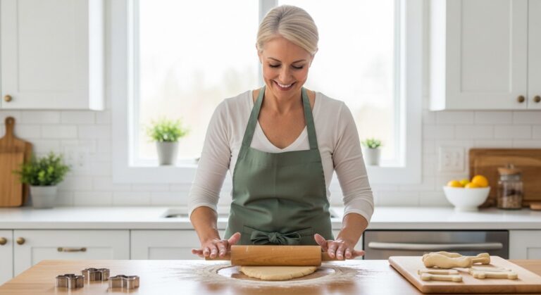 woman rolling out dough for dog treats with bone-shaped cookie cutters on the counter