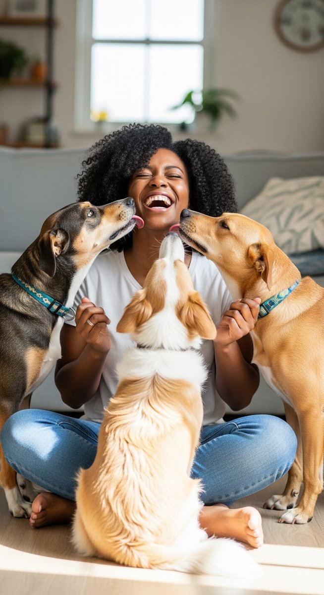 woman laughing on a living room floor surrounded by dogs