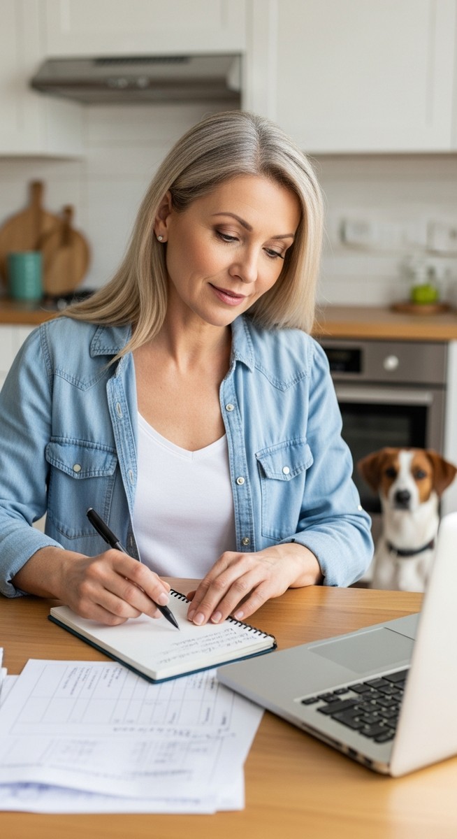 woman planning a dog daycare schedule on a laptop at a kitchen table with a dog in the background