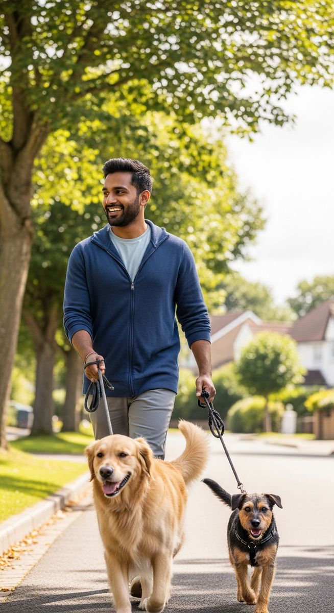 man walking two dogs on leads along a sunny suburban street