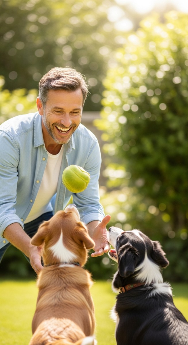 man playing fetch with two dogs in a sunny garden