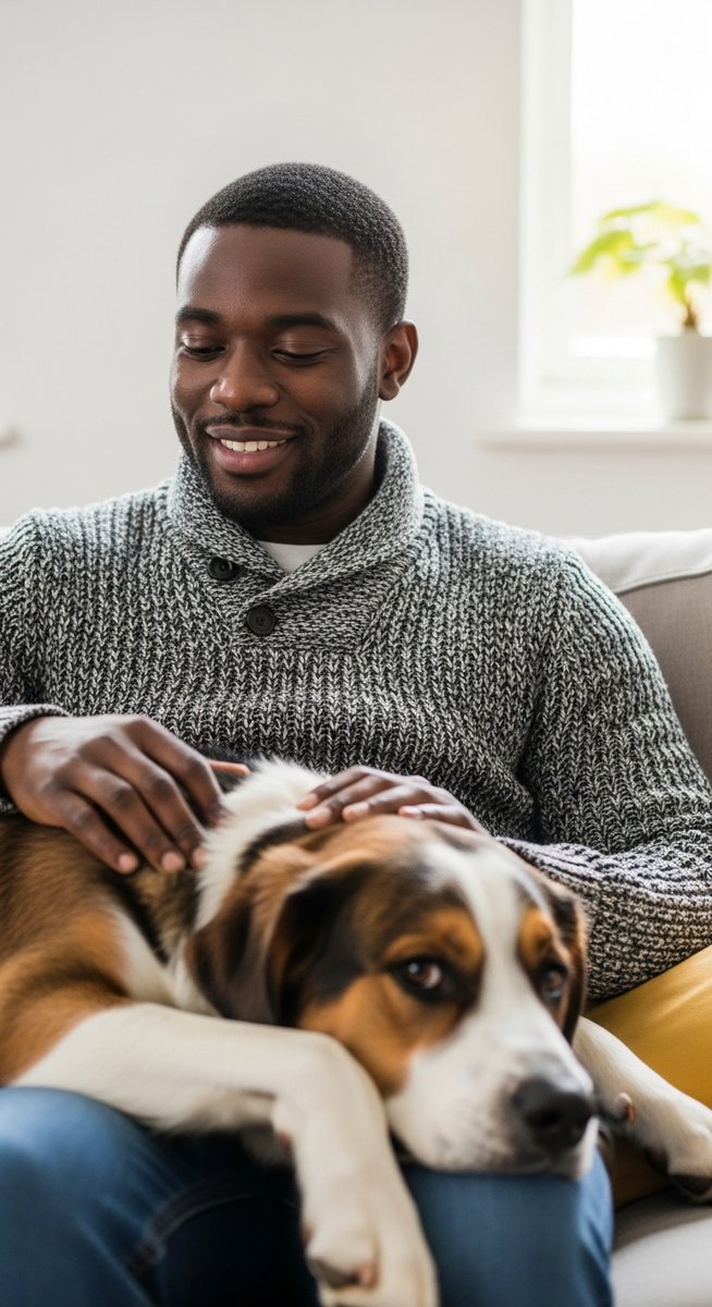 man sitting on a sofa with a large dog on his lap looking content