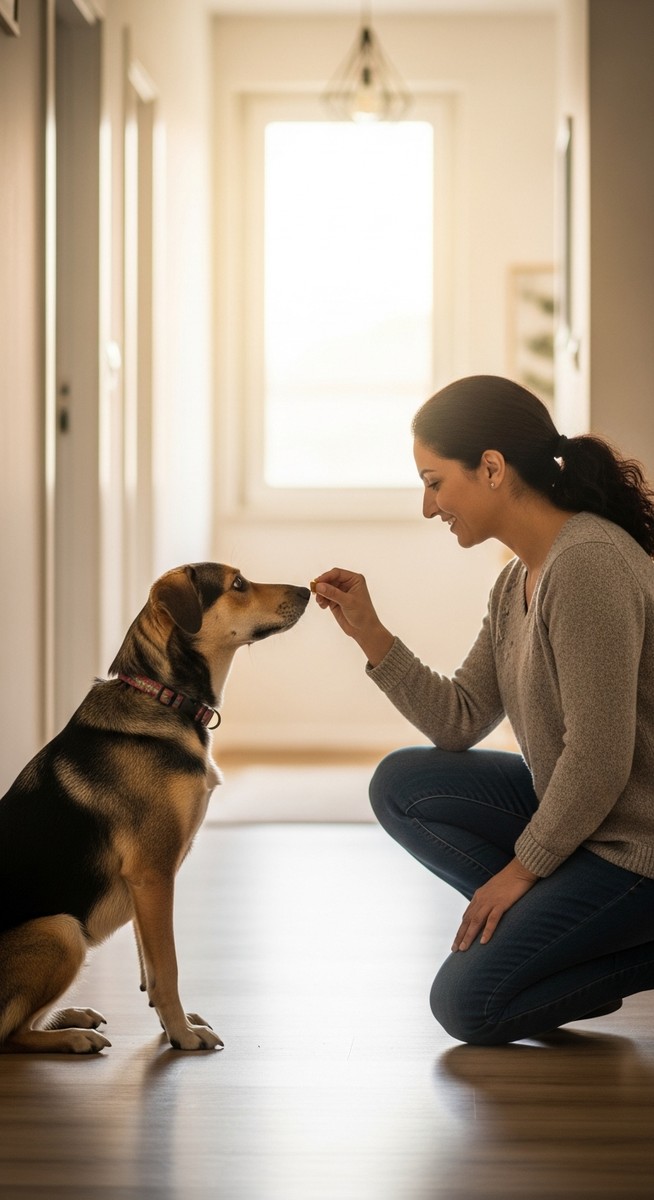 woman giving a dog a treat in a bright home hallway