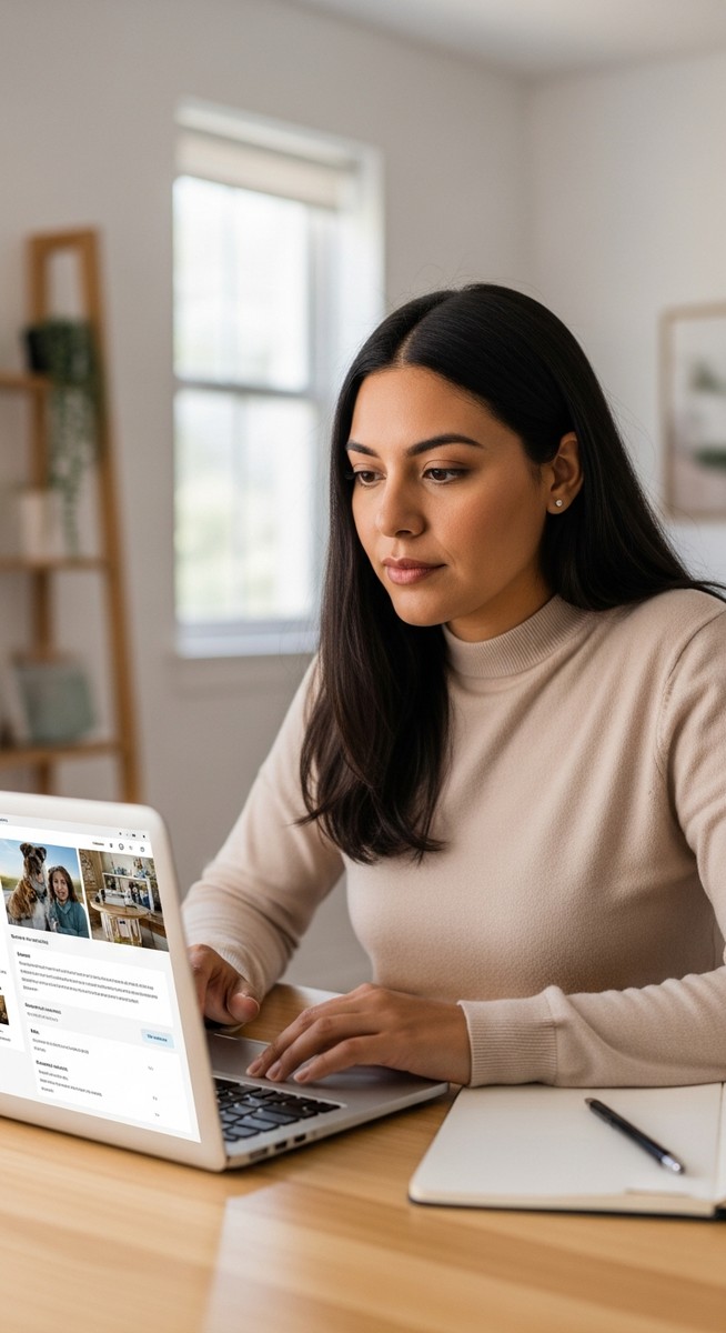 woman reviewing a dog daycare business platform on a laptop at a home desk