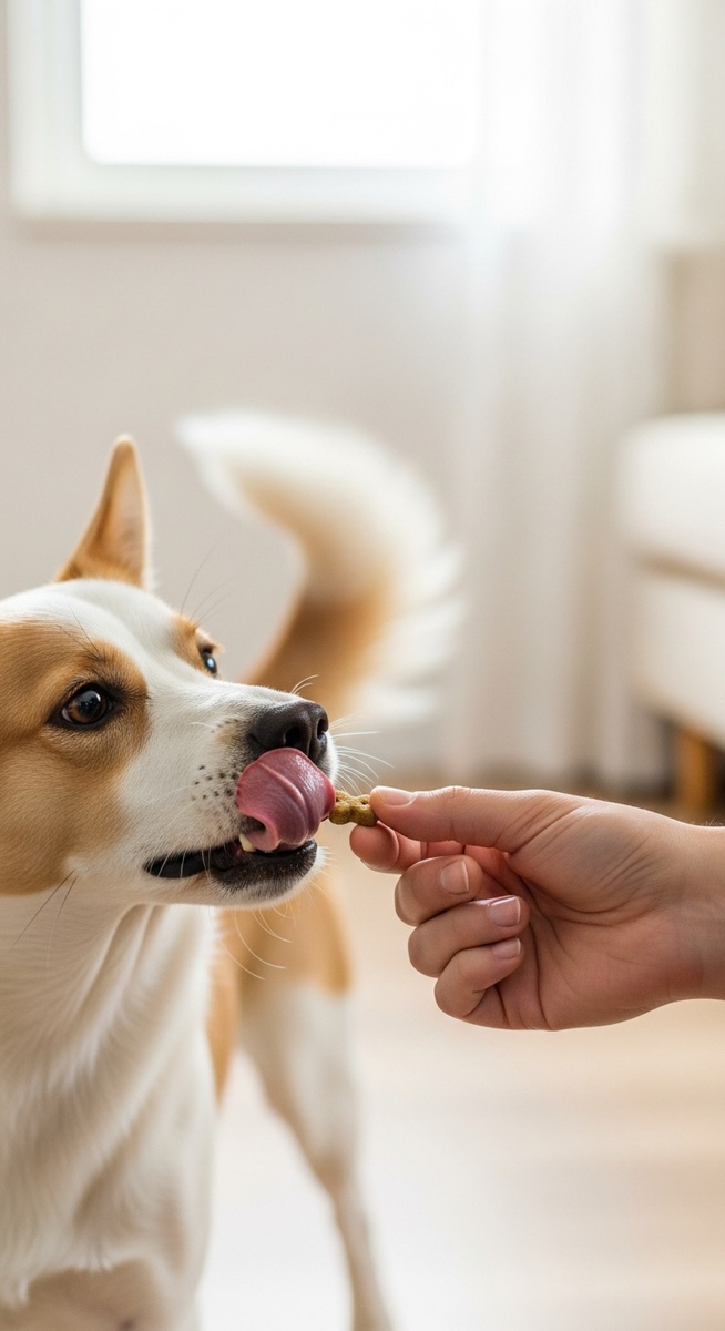 hand giving a treat to a happy dog at home