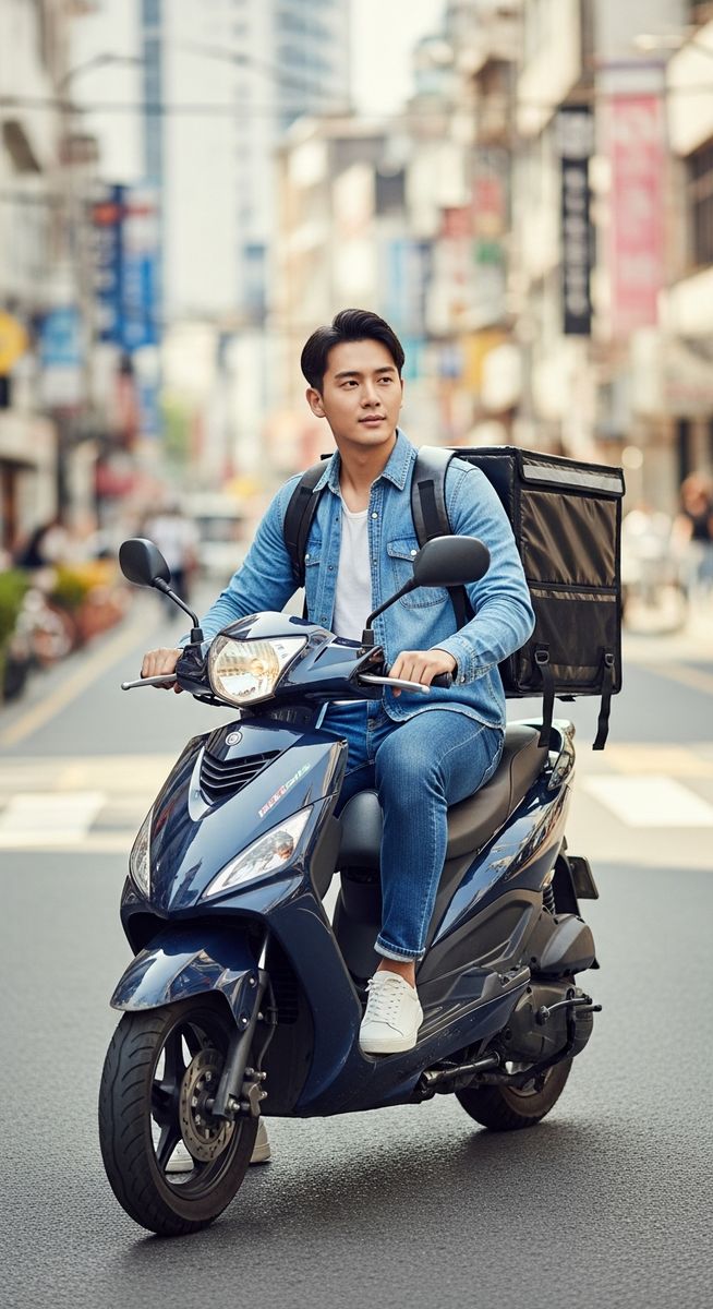 man on a scooter with a large insulated delivery backpack on a city street