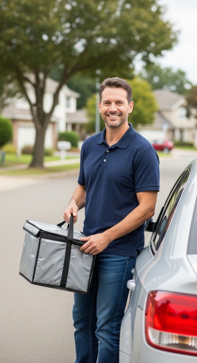 man standing beside a car holding an insulated delivery bag on a suburban street